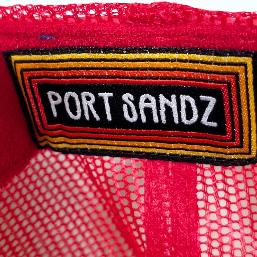 Port Sandz Trucker Hat Mens Surf Red Peace Sign Retro Stripe Mesh Snapback Cap